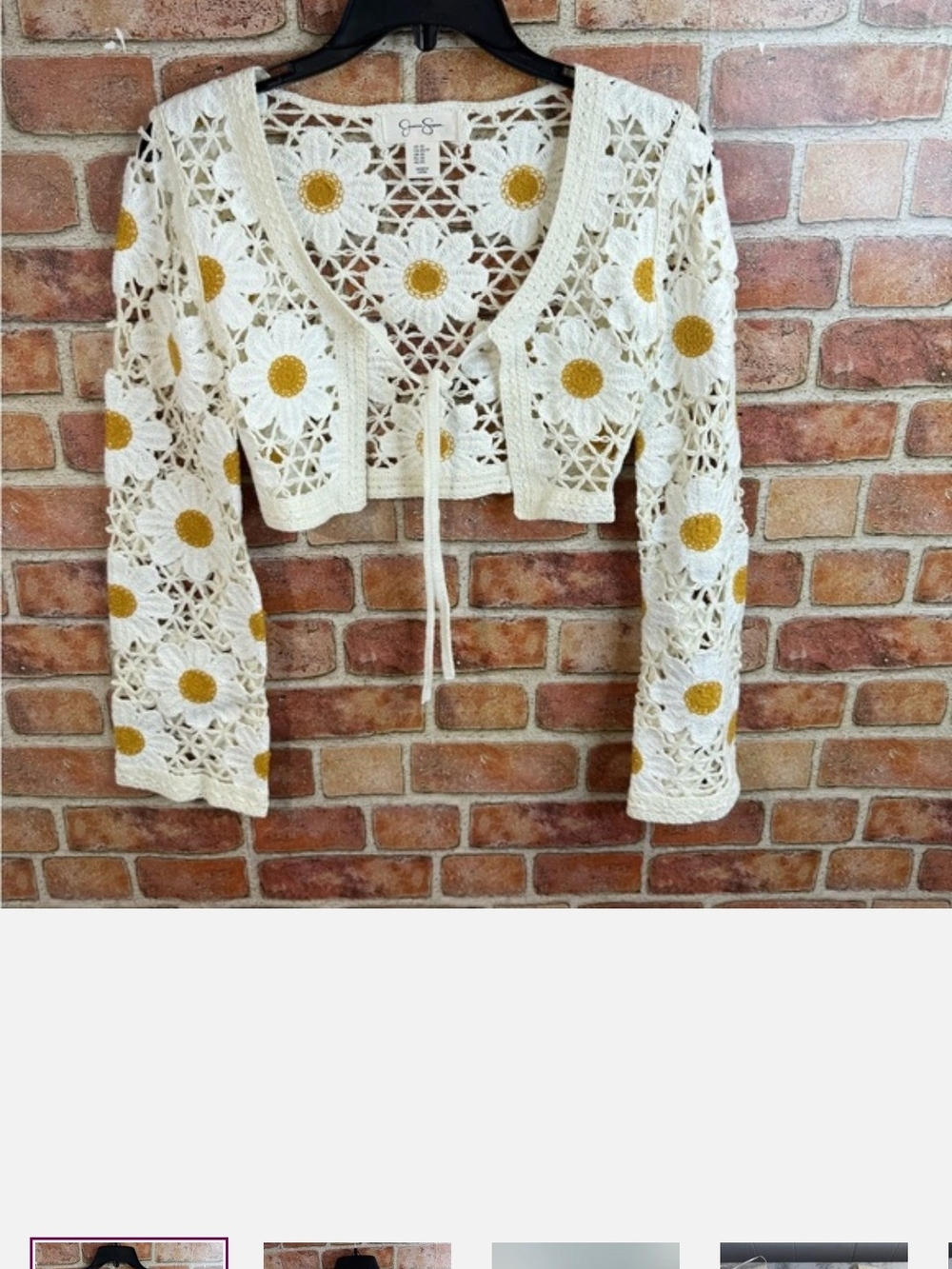 Jessica Simpson Cream Crochet Daisy Tie-Front Cardigan with Mustard Centers